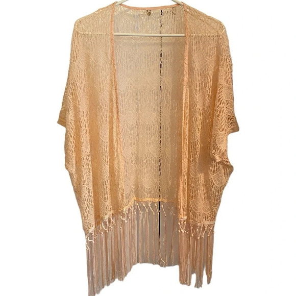 cream lace fringe shawl wrap cover up kimono duster 70s inspired boho western - Picture 1 of 4